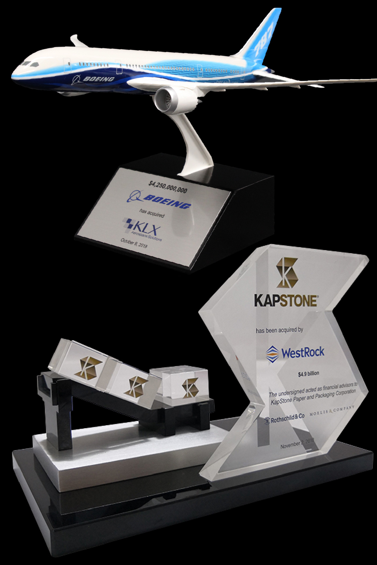 Custom Deal Toy and Financial Tombstone of a Boeing Jet, and for the Kapstone and WestRock merger